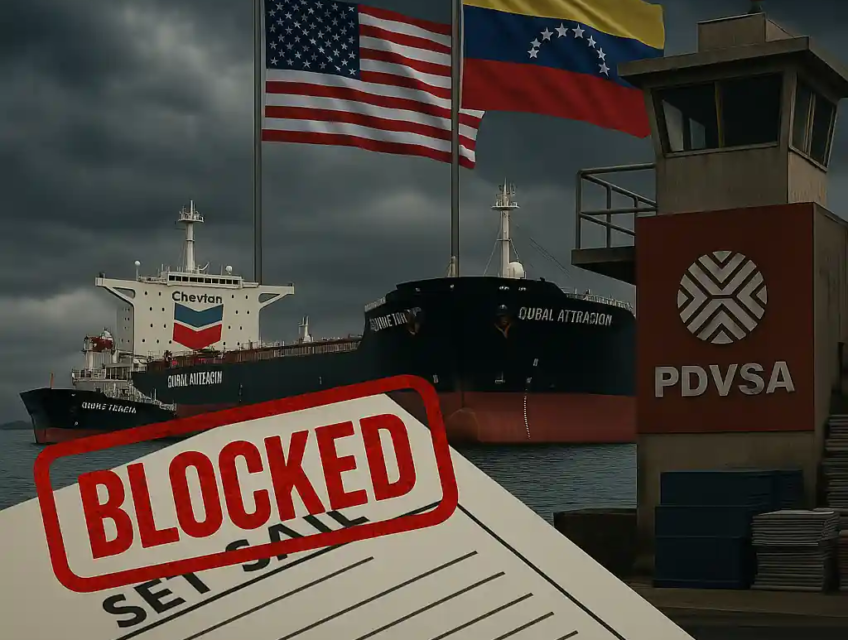 Chevron tankers blocked in Venezuelan waters, with a “BLOCKED” stamp over export documents and PDVSA oversight.