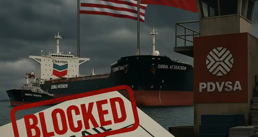 Chevron tankers blocked in Venezuelan waters, with a “BLOCKED” stamp over export documents and PDVSA oversight.