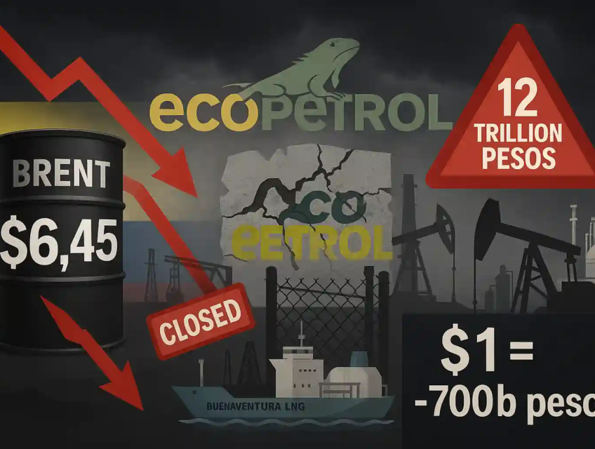 A Brent oil barrel marked $63.45 and a cracked Ecopetrol logo highlight profit warnings amid Colombia’s oil crisis.