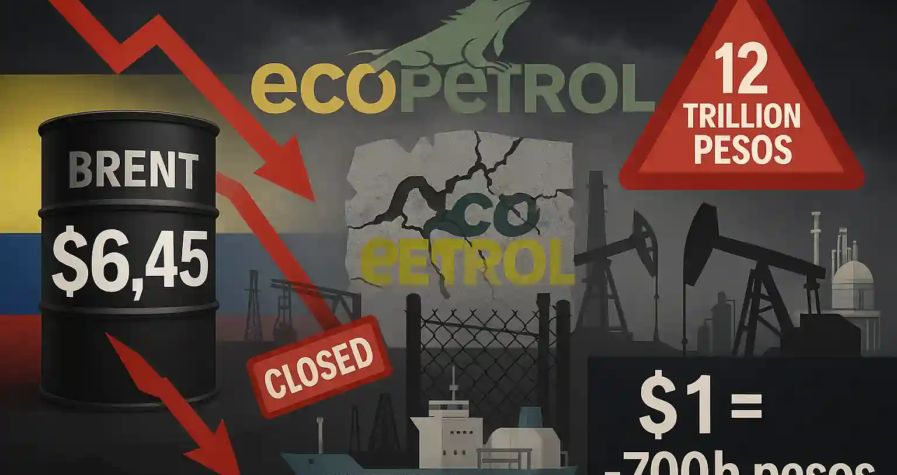 A Brent oil barrel marked $63.45 and a cracked Ecopetrol logo highlight profit warnings amid Colombia’s oil crisis.