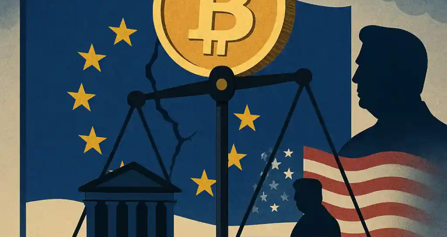 A digital illustration showing Bitcoin tipping the financial balance as the EU expresses concern over crypto's influence.