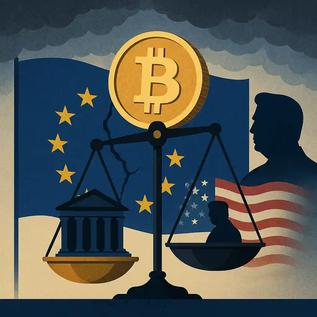 A digital illustration showing Bitcoin tipping the financial balance as the EU expresses concern over crypto's influence.