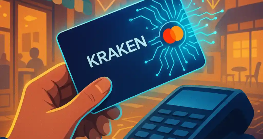 A user taps a Kraken-Mastercard debit card at a payment terminal, with crypto symbols glowing in the background.