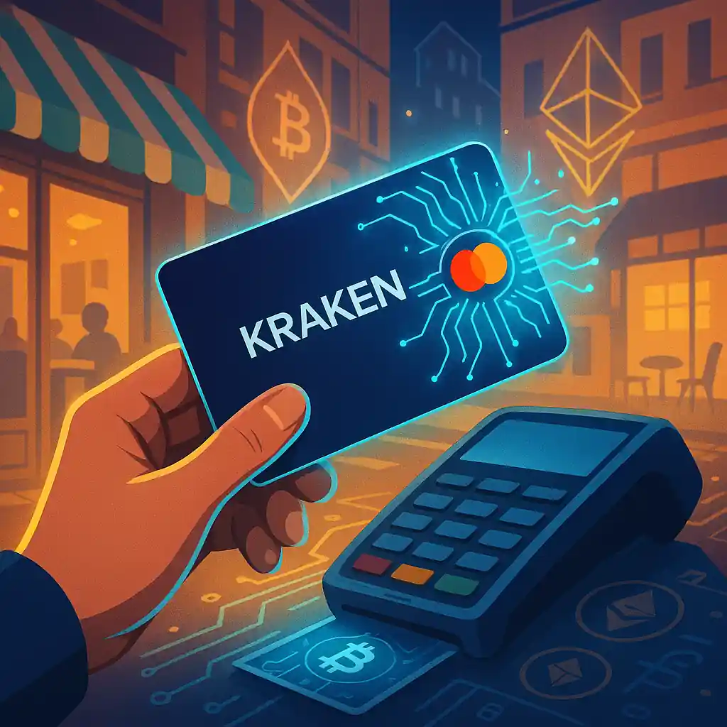 A user taps a Kraken-Mastercard debit card at a payment terminal, with crypto symbols glowing in the background.