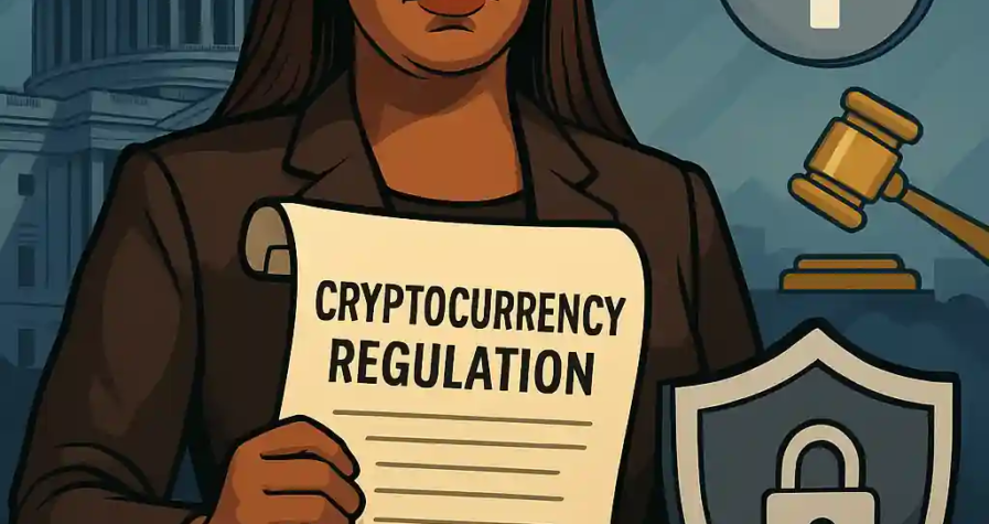 Letitia James stands before the U.S. Capitol holding a scroll marked “Cryptocurrency Regulation,” surrounded by stablecoin symbols.