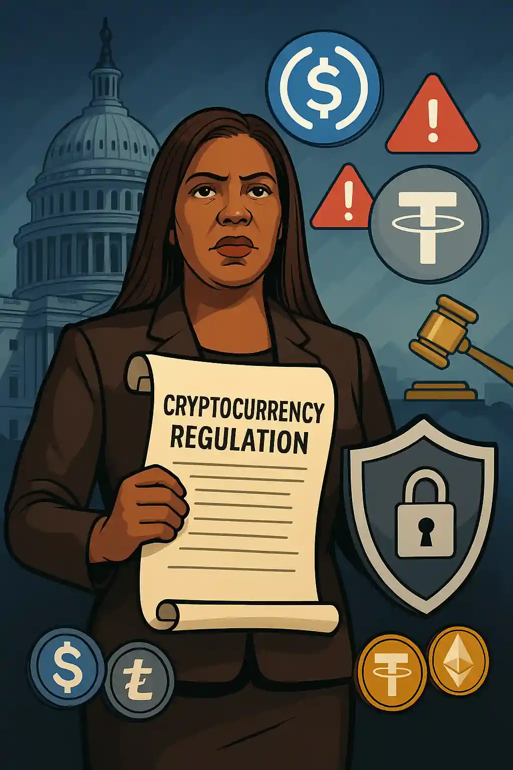 Letitia James stands before the U.S. Capitol holding a scroll marked “Cryptocurrency Regulation,” surrounded by stablecoin symbols.
