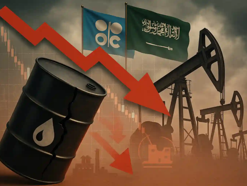 Cracked oil barrel with red downward arrow and oil rigs, symbolizing global oil price drop and rising OPEC supply.