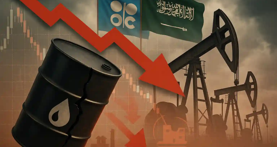 Cracked oil barrel with red downward arrow and oil rigs, symbolizing global oil price drop and rising OPEC supply.