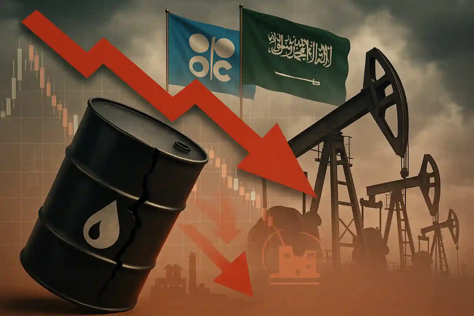 Cracked oil barrel with red downward arrow and oil rigs, symbolizing global oil price drop and rising OPEC supply.