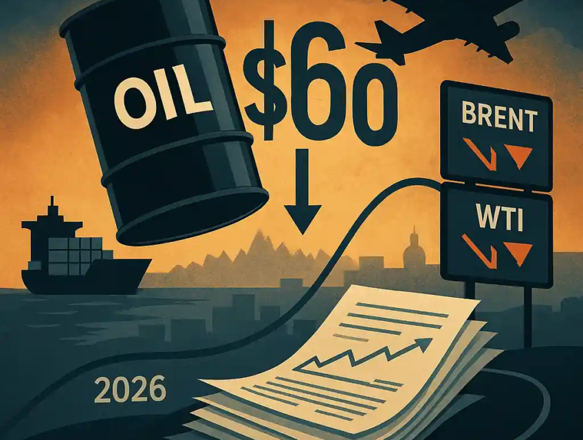 A falling oil barrel marked "$60" surrounded by financial charts, ships, and planes, symbolizing the hedging rush.