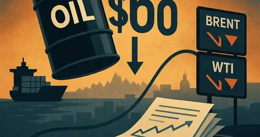 A falling oil barrel marked "$60" surrounded by financial charts, ships, and planes, symbolizing the hedging rush.