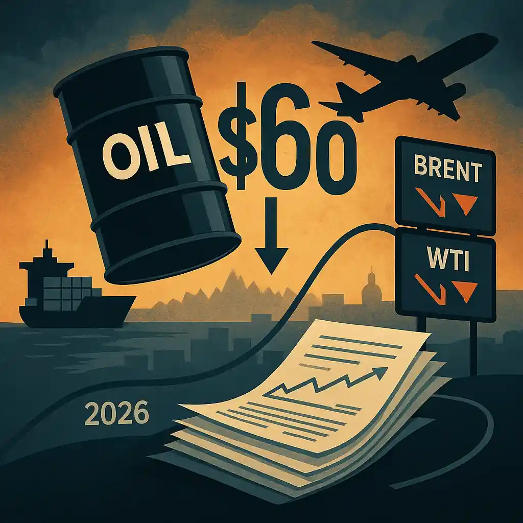 A falling oil barrel marked "$60" surrounded by financial charts, ships, and planes, symbolizing the hedging rush.