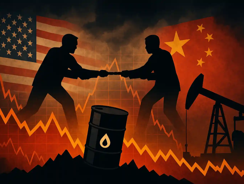 A digital illustration showing oil barrels and a volatile price chart amid U.S.-China trade tensions and OPEC influence.