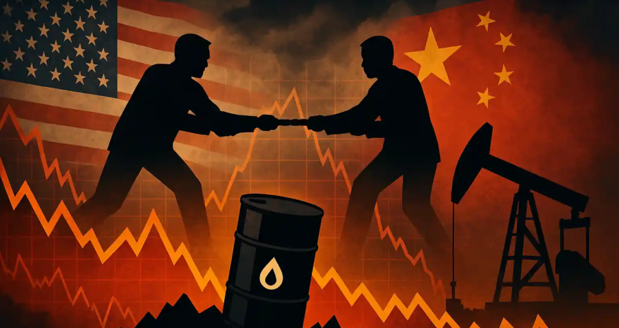 A digital illustration showing oil barrels and a volatile price chart amid U.S.-China trade tensions and OPEC influence.