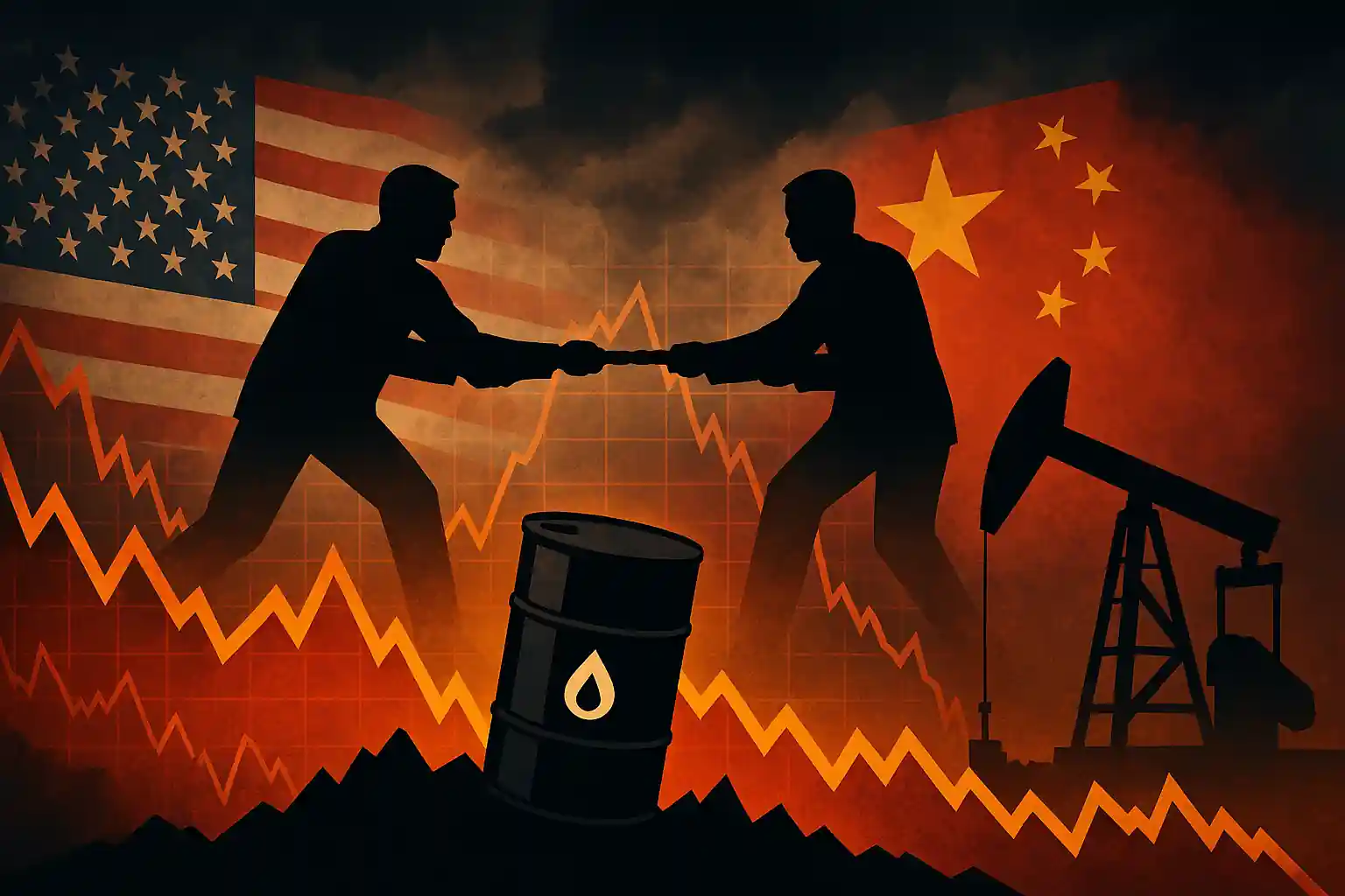 A digital illustration showing oil barrels and a volatile price chart amid U.S.-China trade tensions and OPEC influence.