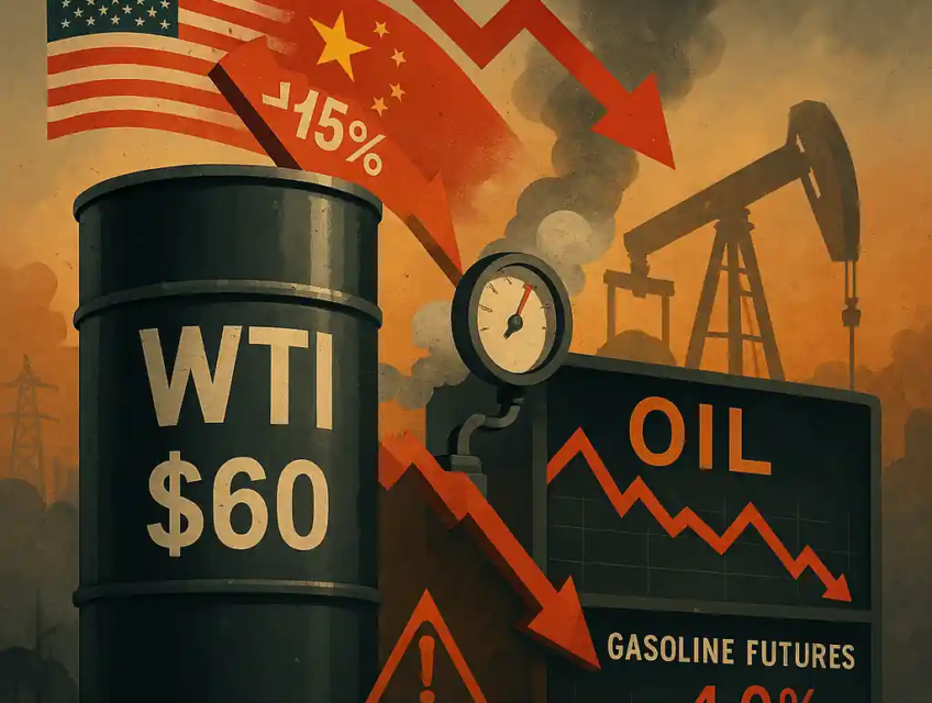A WTI oil barrel marked $60 with falling arrows and a 15% decline, set against oil rigs and a cloudy sky.