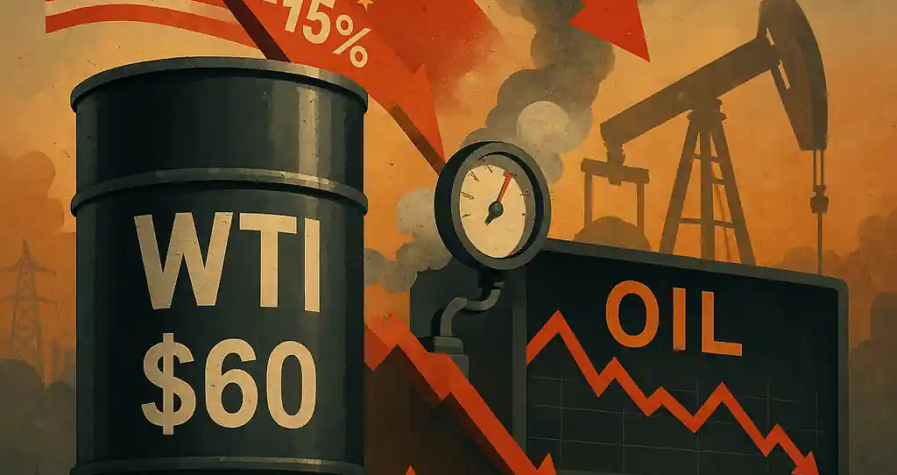 A WTI oil barrel marked $60 with falling arrows and a 15% decline, set against oil rigs and a cloudy sky.