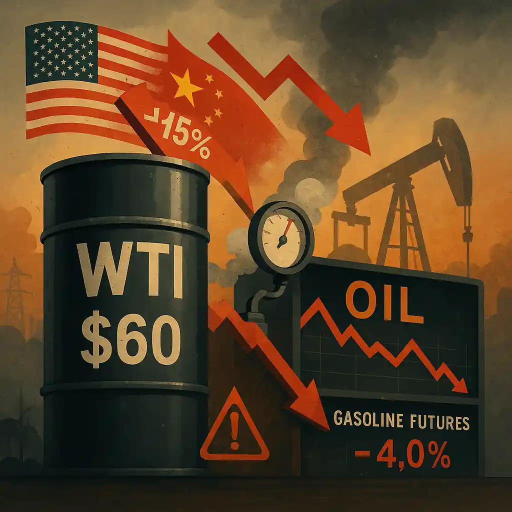 A WTI oil barrel marked $60 with falling arrows and a 15% decline, set against oil rigs and a cloudy sky.