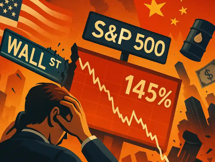 A distressed trader watches Wall Street collapse amid US-China trade tensions, with falling charts and fiery economic symbols.