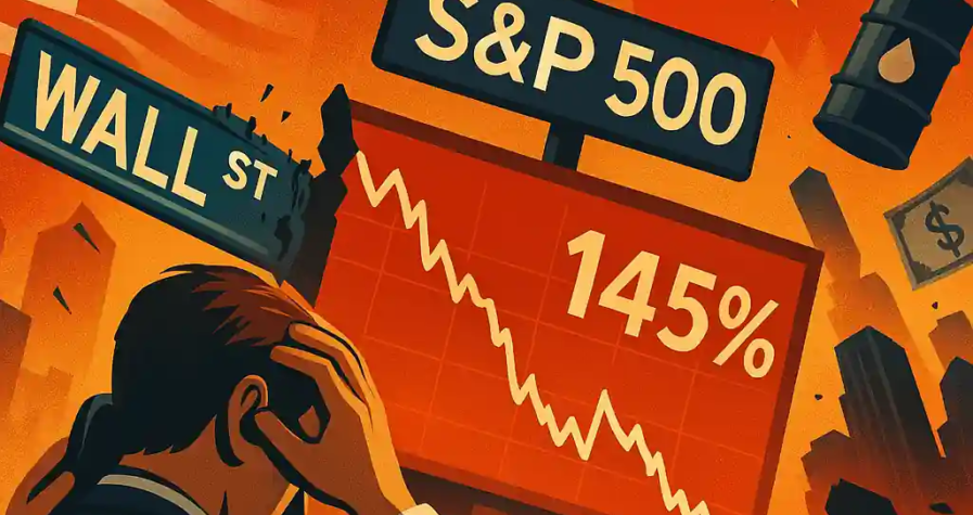 A distressed trader watches Wall Street collapse amid US-China trade tensions, with falling charts and fiery economic symbols.
