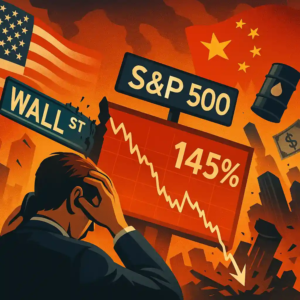 A distressed trader watches Wall Street collapse amid US-China trade tensions, with falling charts and fiery economic symbols.