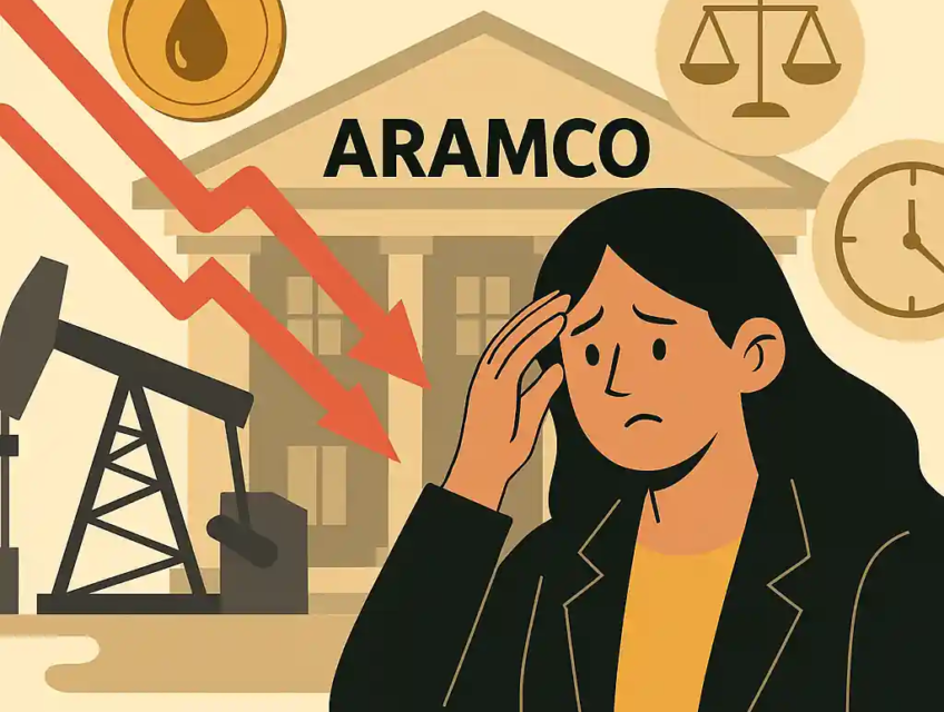 Femme inquiète devant le siège d’Aramco, icônes de pétrole, balance, horloge et flèche rouge baissière