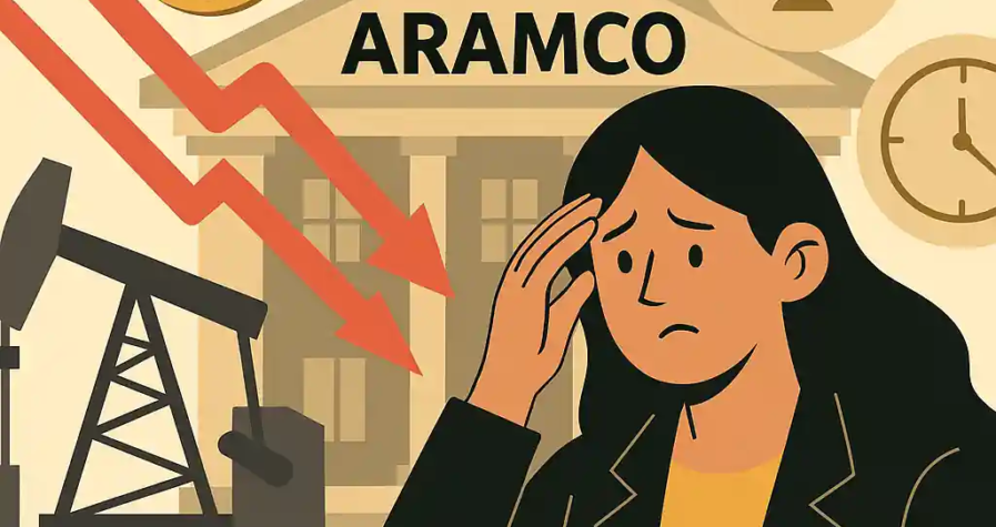 Femme inquiète devant le siège d’Aramco, icônes de pétrole, balance, horloge et flèche rouge baissière