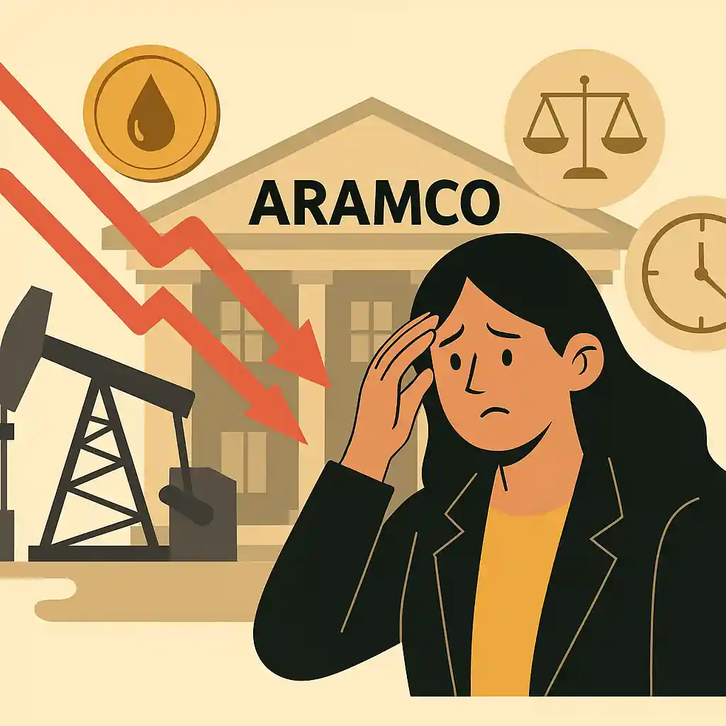 Femme inquiète devant le siège d’Aramco, icônes de pétrole, balance, horloge et flèche rouge baissière