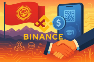 Illustration d’un partenariat entre Binance et le Kirghizistan, avec drapeau national, paiement mobile, blockchain et poignée de main.