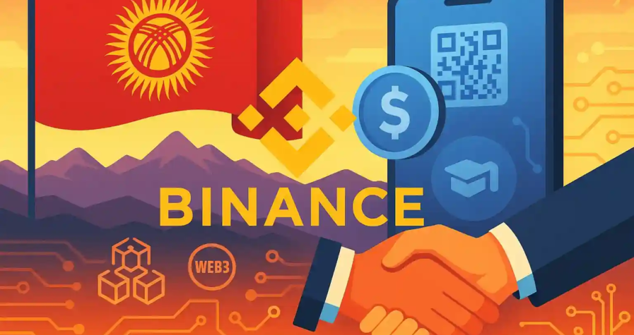 Illustration d’un partenariat entre Binance et le Kirghizistan, avec drapeau national, paiement mobile, blockchain et poignée de main.