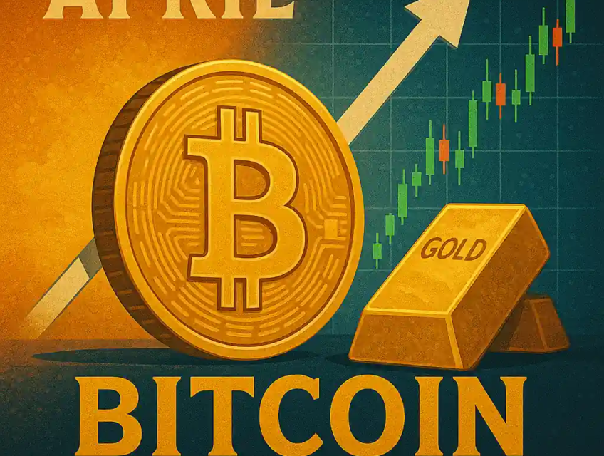 Golden Bitcoin coin with gold bars, candlestick chart, and upward arrow suggesting rising value in April.