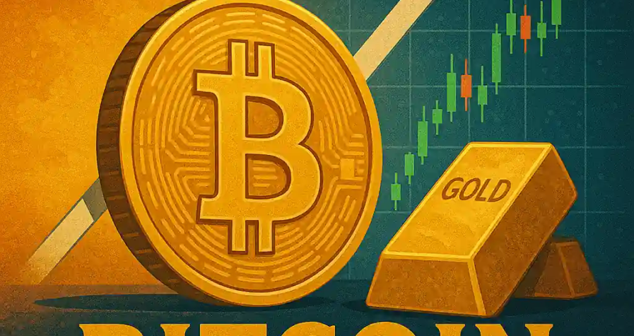 Golden Bitcoin coin with gold bars, candlestick chart, and upward arrow suggesting rising value in April.