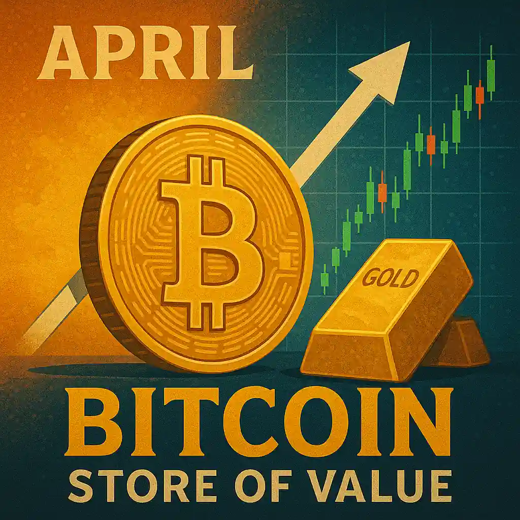 Golden Bitcoin coin with gold bars, candlestick chart, and upward arrow suggesting rising value in April.