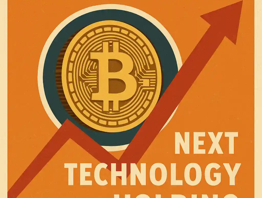 Retro poster featuring a Bitcoin coin and soaring red arrow symbolizing NXTT’s stock surge.