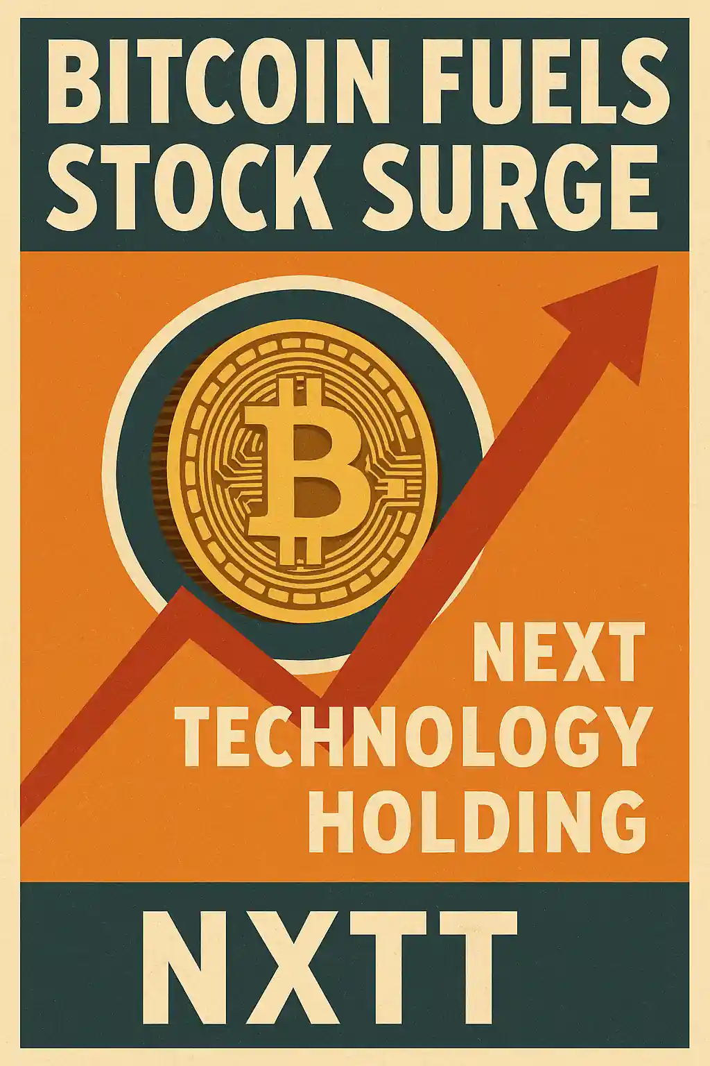 Retro poster featuring a Bitcoin coin and soaring red arrow symbolizing NXTT’s stock surge.