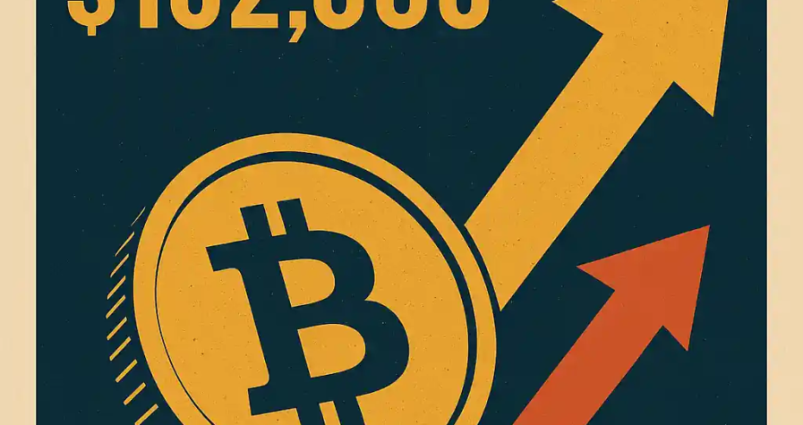 Bitcoin coin with upward arrows and "$102,000" text reflecting ETF inflows during market rebound.
