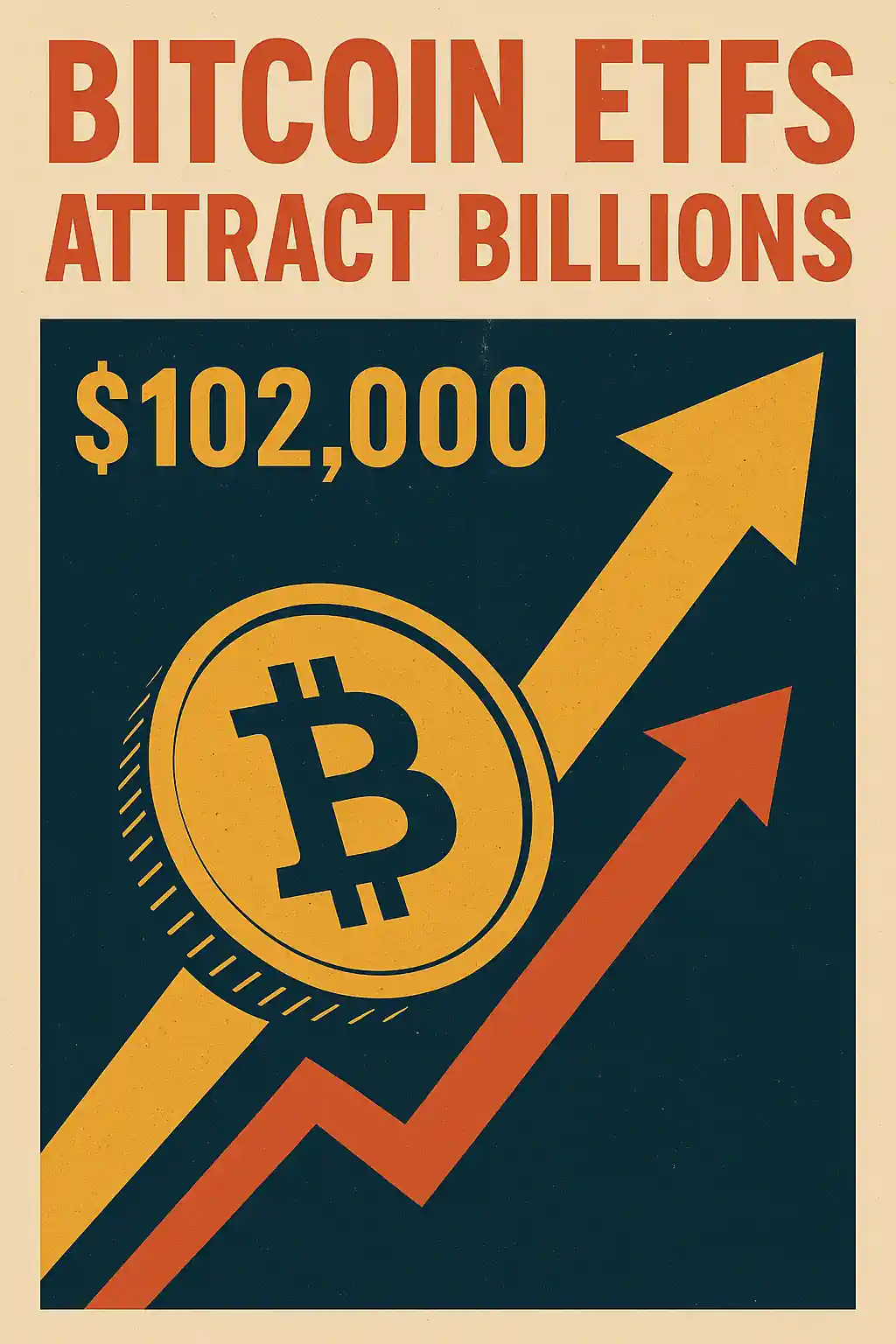 Bitcoin coin with upward arrows and "$102,000" text reflecting ETF inflows during market rebound.