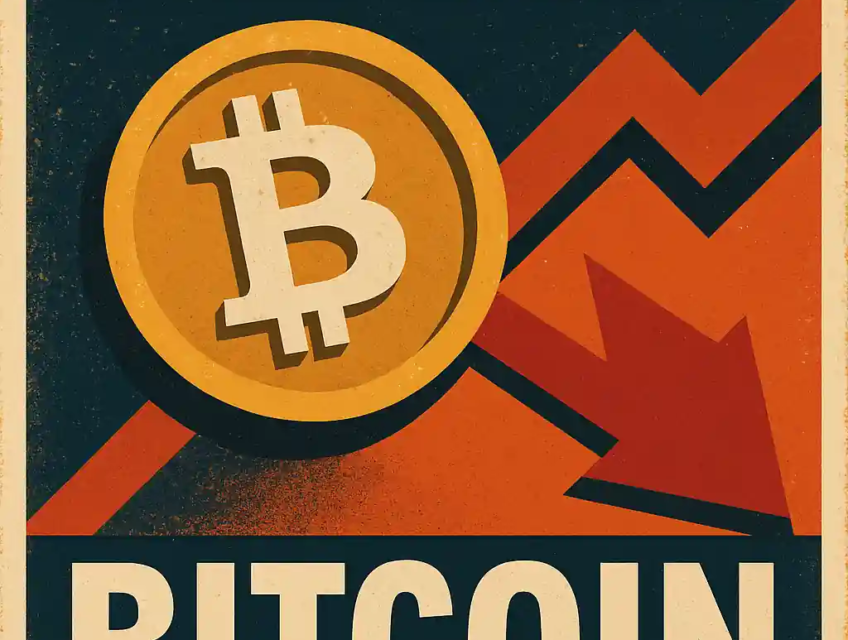 Retro Bitcoin poster with downward arrow showing market reaction to surprising inflation data.