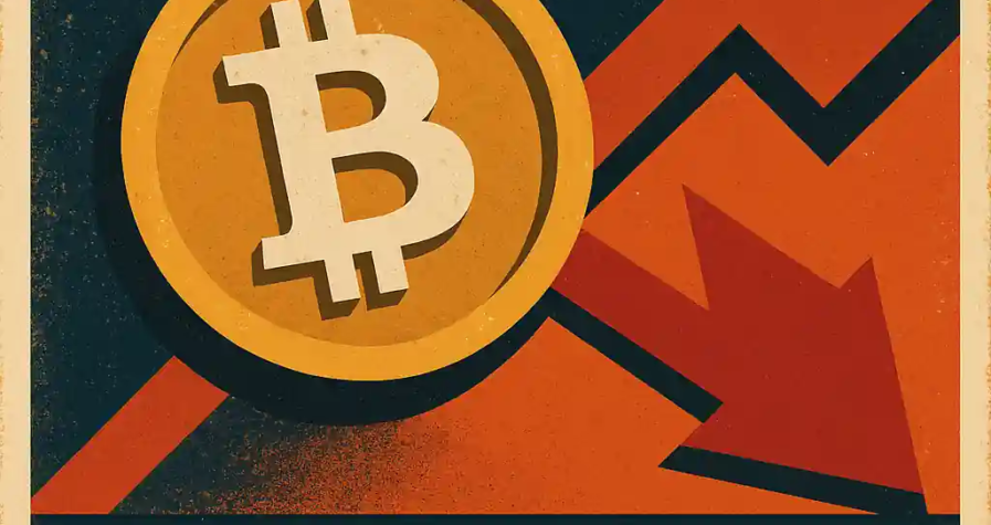 Retro Bitcoin poster with downward arrow showing market reaction to surprising inflation data.
