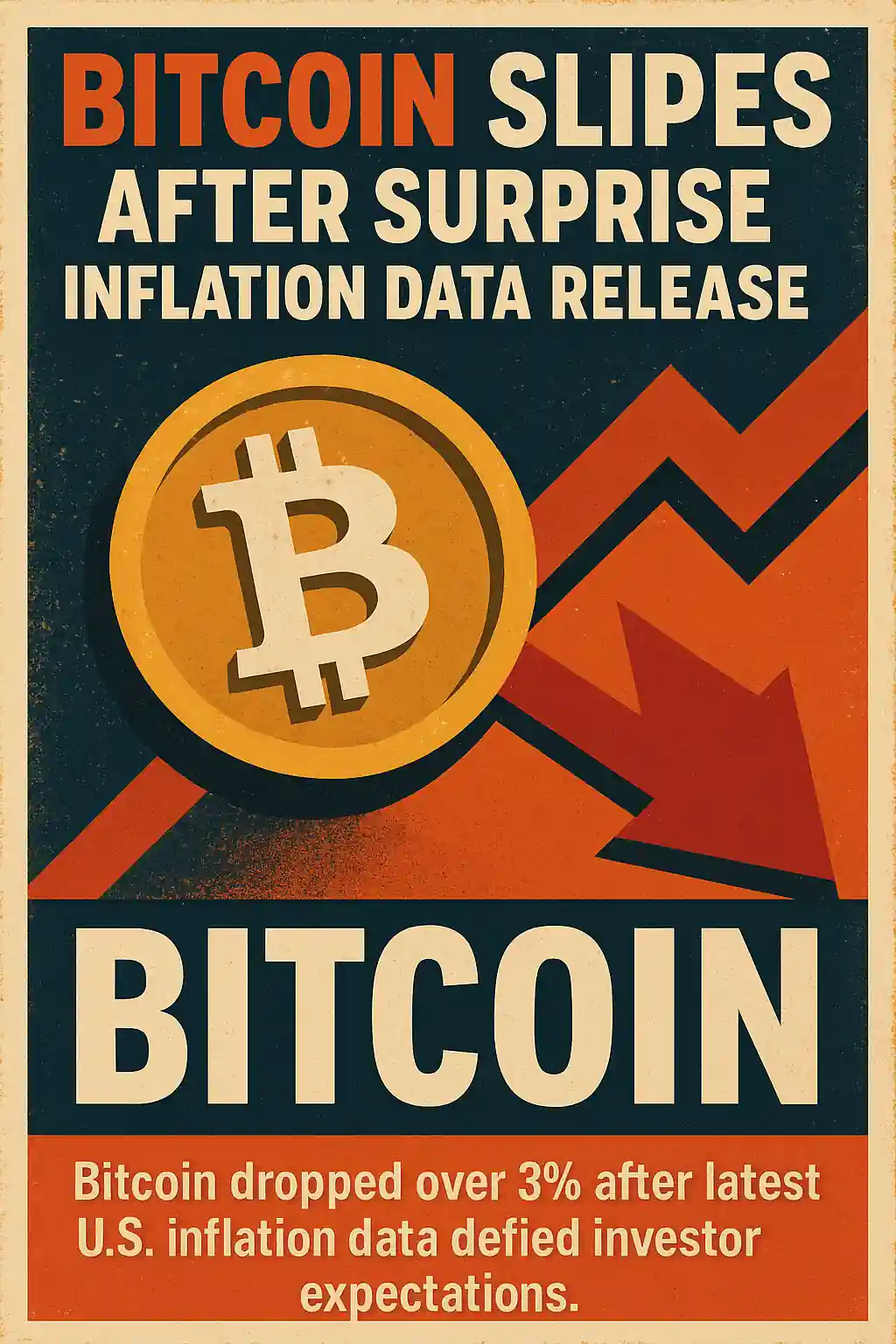 Retro Bitcoin poster with downward arrow showing market reaction to surprising inflation data.