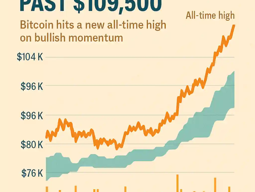 Bitcoin price chart showing surge past $109,500 with volume bars and Ichimoku cloud highlighting momentum.