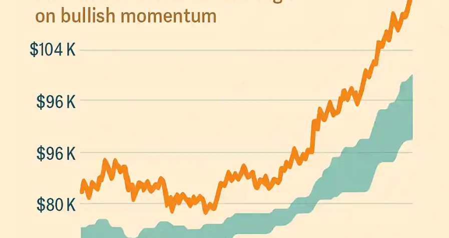 Bitcoin price chart showing surge past $109,500 with volume bars and Ichimoku cloud highlighting momentum.