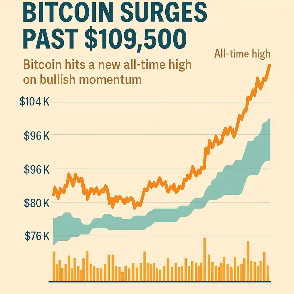 Bitcoin price chart showing surge past $109,500 with volume bars and Ichimoku cloud highlighting momentum.