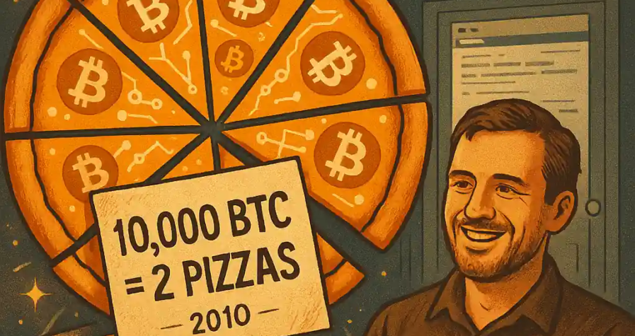 Illustration d’une pizza aux symboles Bitcoin avec Laszlo Hanyecz souriant, une pancarte “10 000 BTC = 2 pizzas”, et une mention “1,1 milliard en 2025”.
