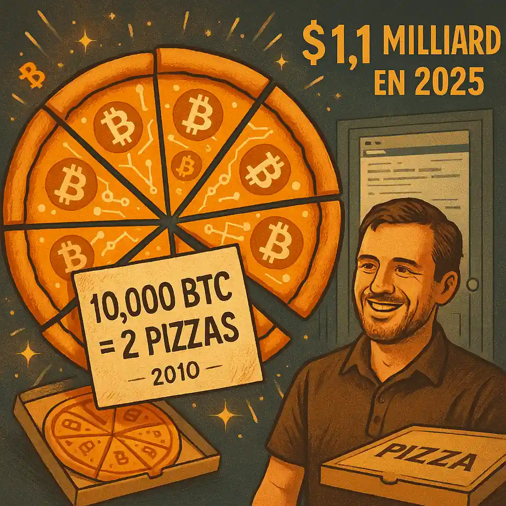 Illustration d’une pizza aux symboles Bitcoin avec Laszlo Hanyecz souriant, une pancarte “10 000 BTC = 2 pizzas”, et une mention “1,1 milliard en 2025”.
