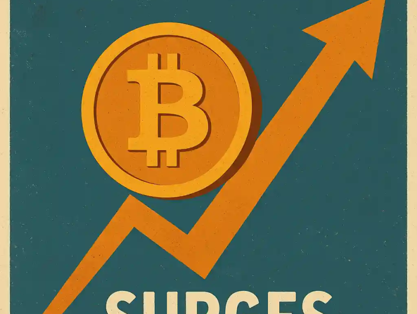 Vintage-style poster with upward arrow and Bitcoin symbol showing BTC rising past $104,000.