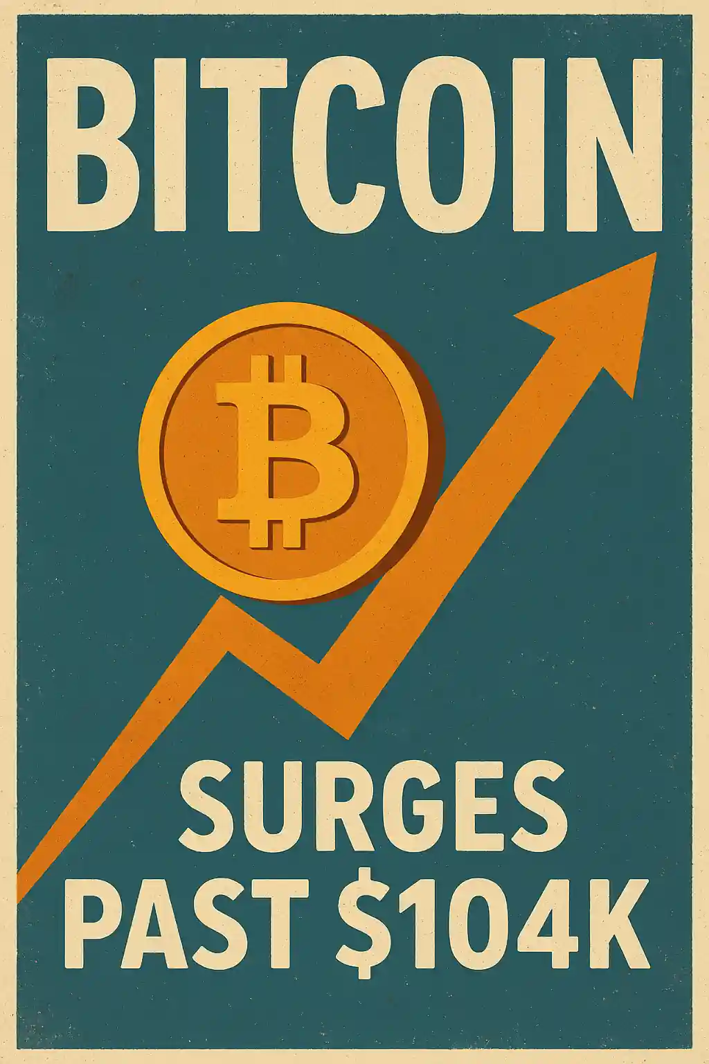 Vintage-style poster with upward arrow and Bitcoin symbol showing BTC rising past $104,000.