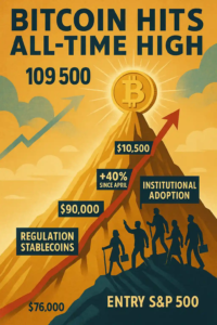 Illustration d’une montagne dorée avec un Bitcoin au sommet, entouré de jalons comme « 76 000 $ », « Régulation stablecoins », « +40 % depuis avril ».