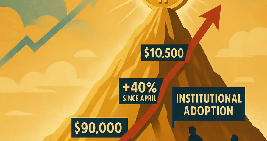 Illustration d’une montagne dorée avec un Bitcoin au sommet, entouré de jalons comme « 76 000 $ », « Régulation stablecoins », « +40 % depuis avril ».