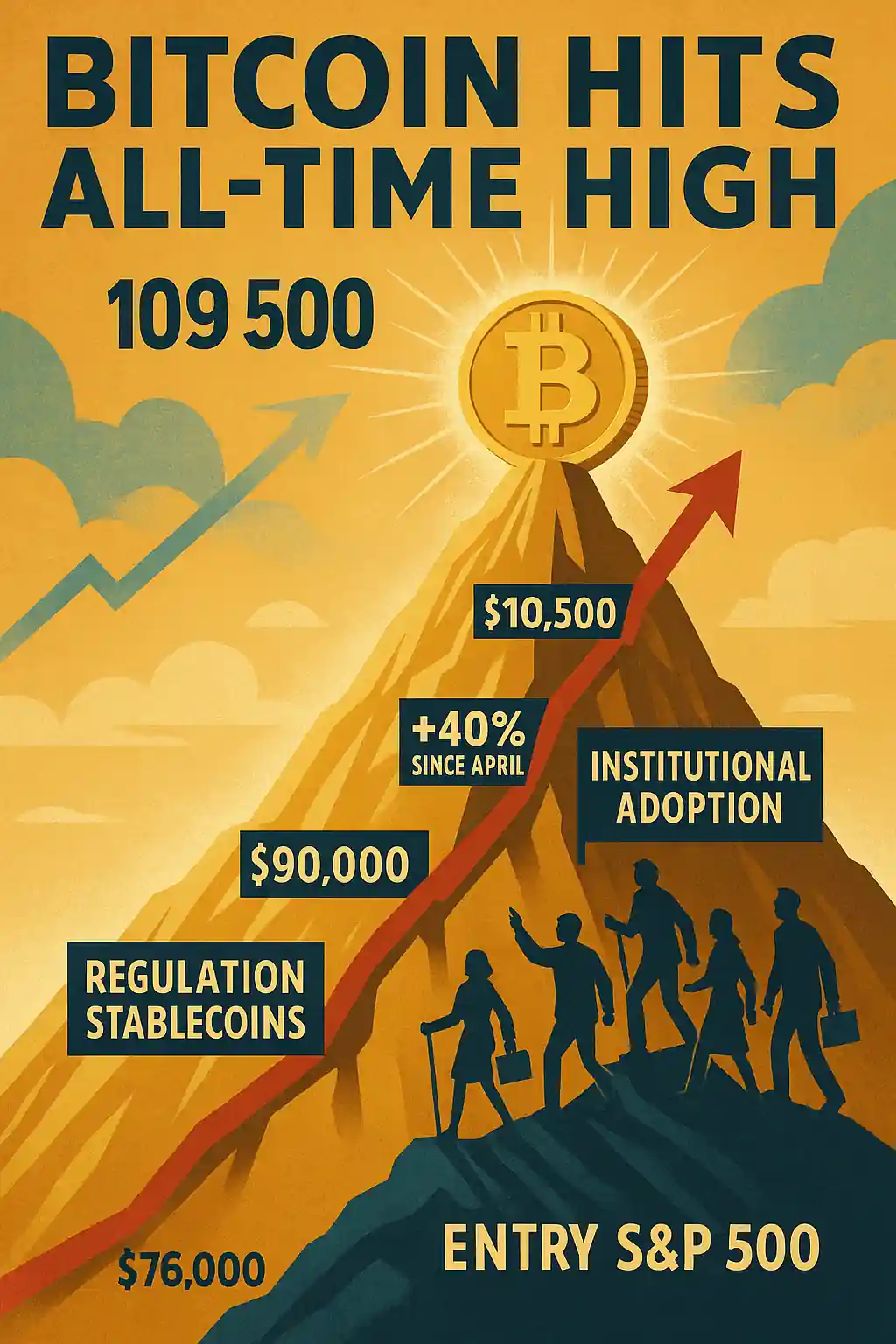 Illustration d’une montagne dorée avec un Bitcoin au sommet, entouré de jalons comme « 76 000 $ », « Régulation stablecoins », « +40 % depuis avril ».